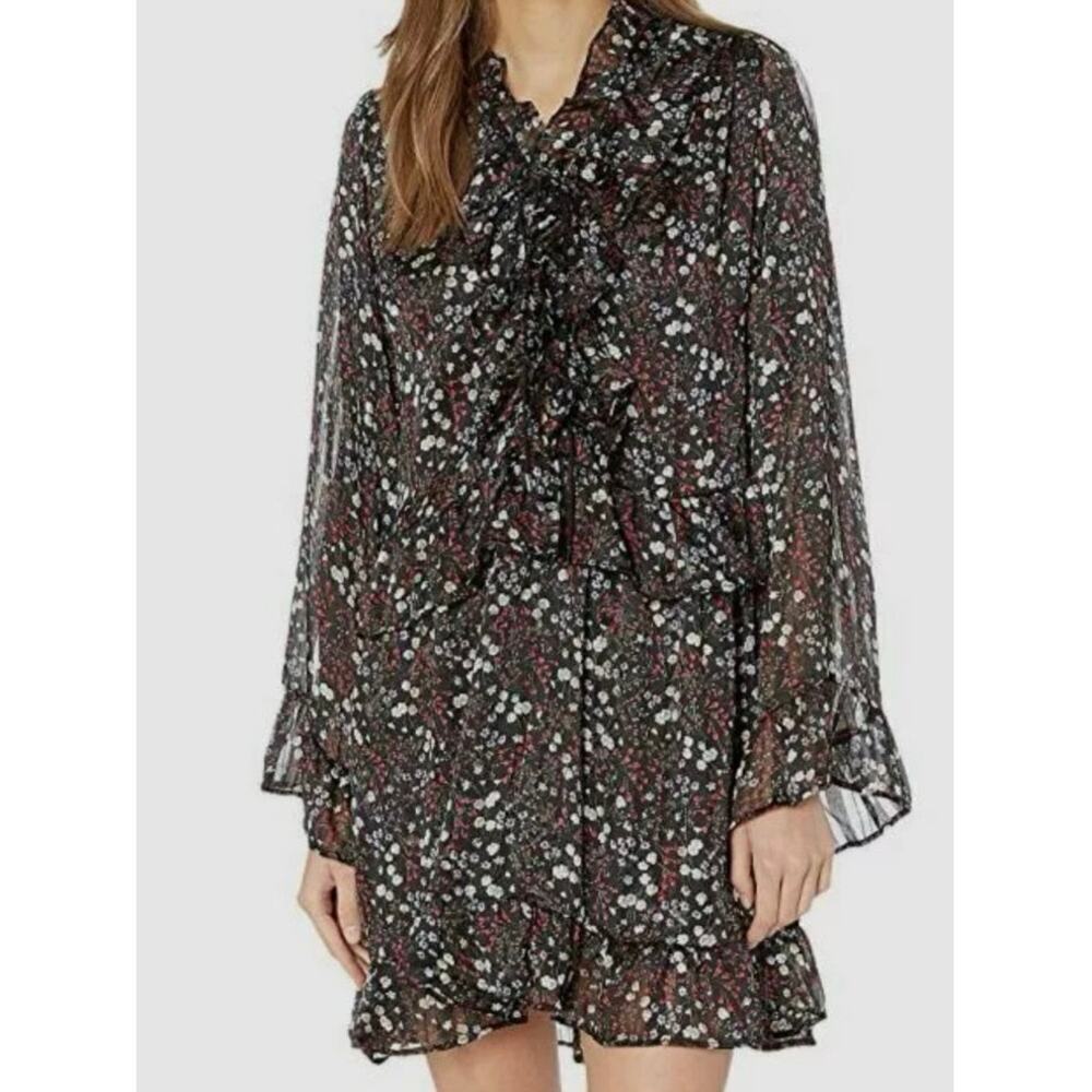 NWT Revolve Sabina Musayev Black Floral Pattern Ruffle Tie Jasmine Dress Sz XS